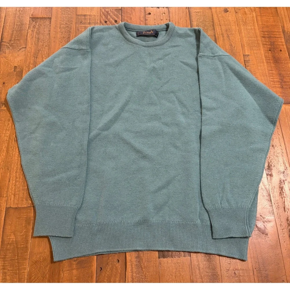 Pringle of Scotland Mens Large Teal Pure New Wool Crewneck Sweater Made Scotland - Picture 2 of 10